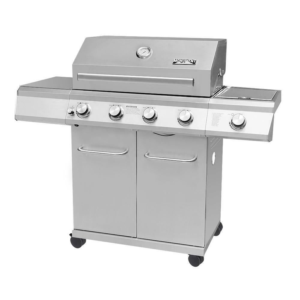 Monument Propane Gas Grill LED Controls Stainless Steel 4 Burners 1 Side Burner