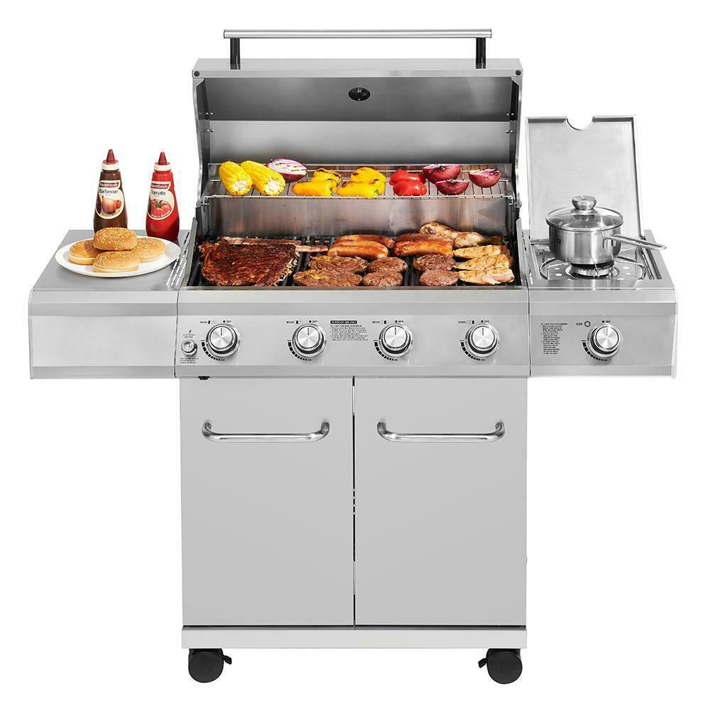 Monument Propane Gas Grill LED Controls Stainless Steel 4 Burners 1 Side Burner