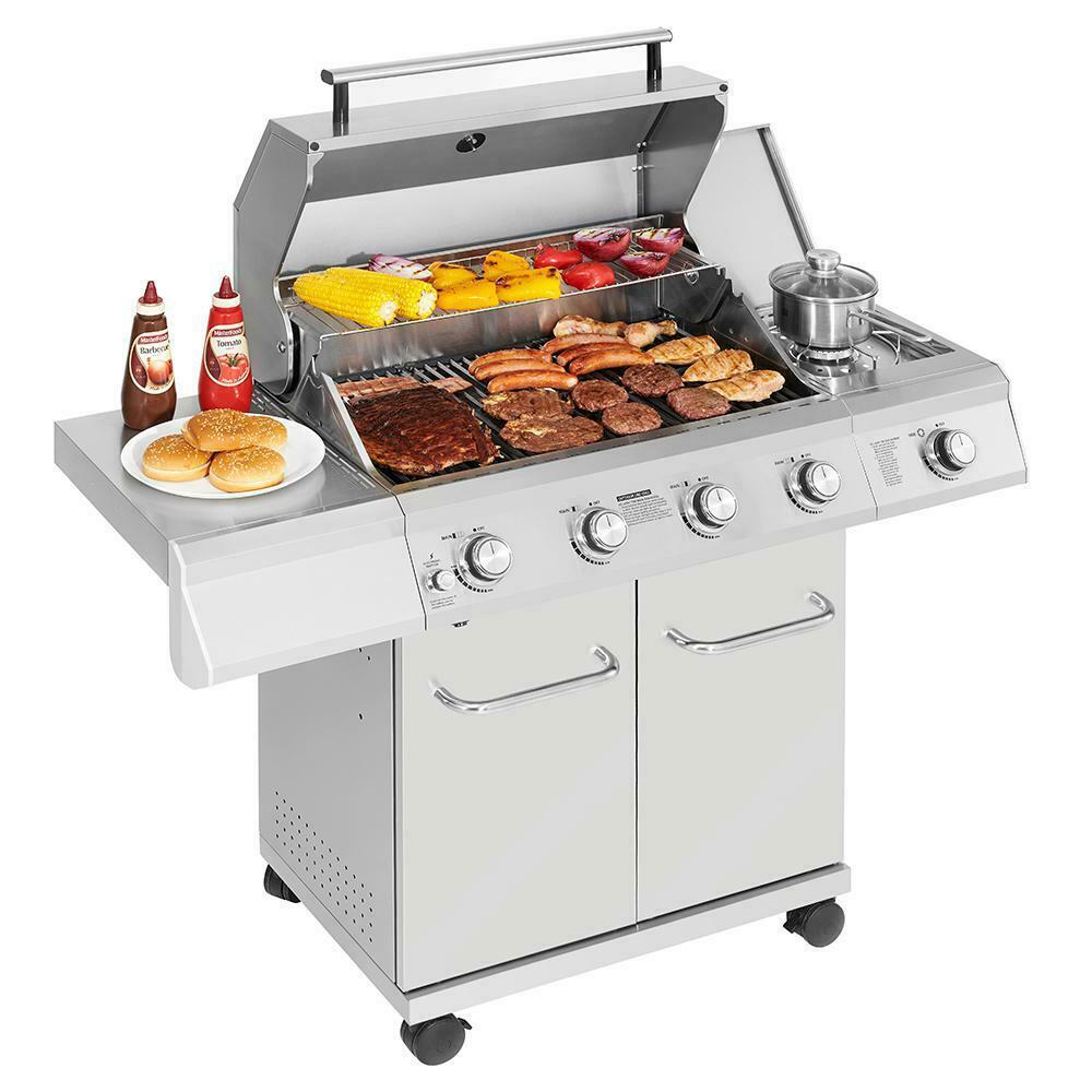 Monument Propane Gas Grill LED Controls Stainless Steel 4 Burners 1 Side Burner