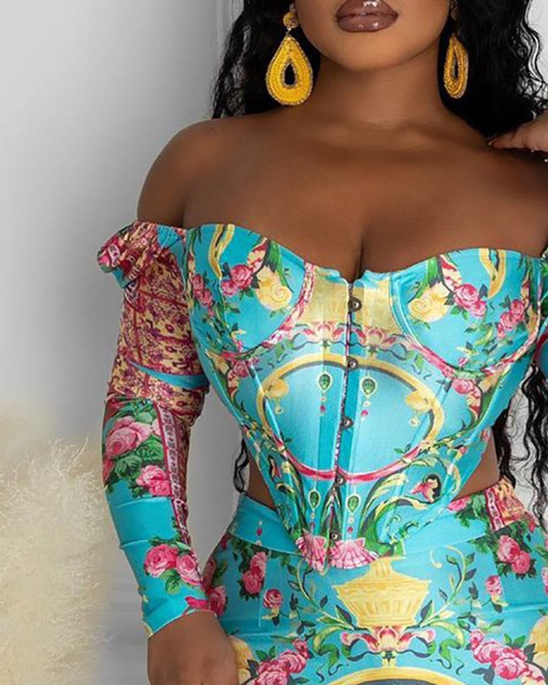 Off Shoulder Floral Print Corset Top & Skirt Set