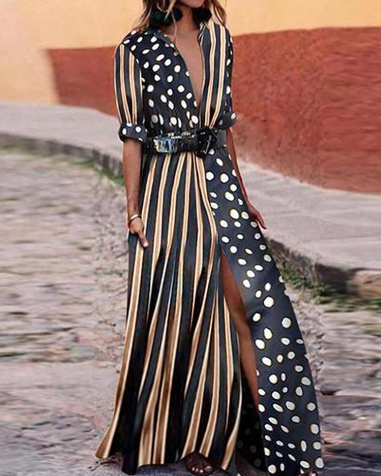 Dots & Stripes Plunge Slit Maxi Women Dress