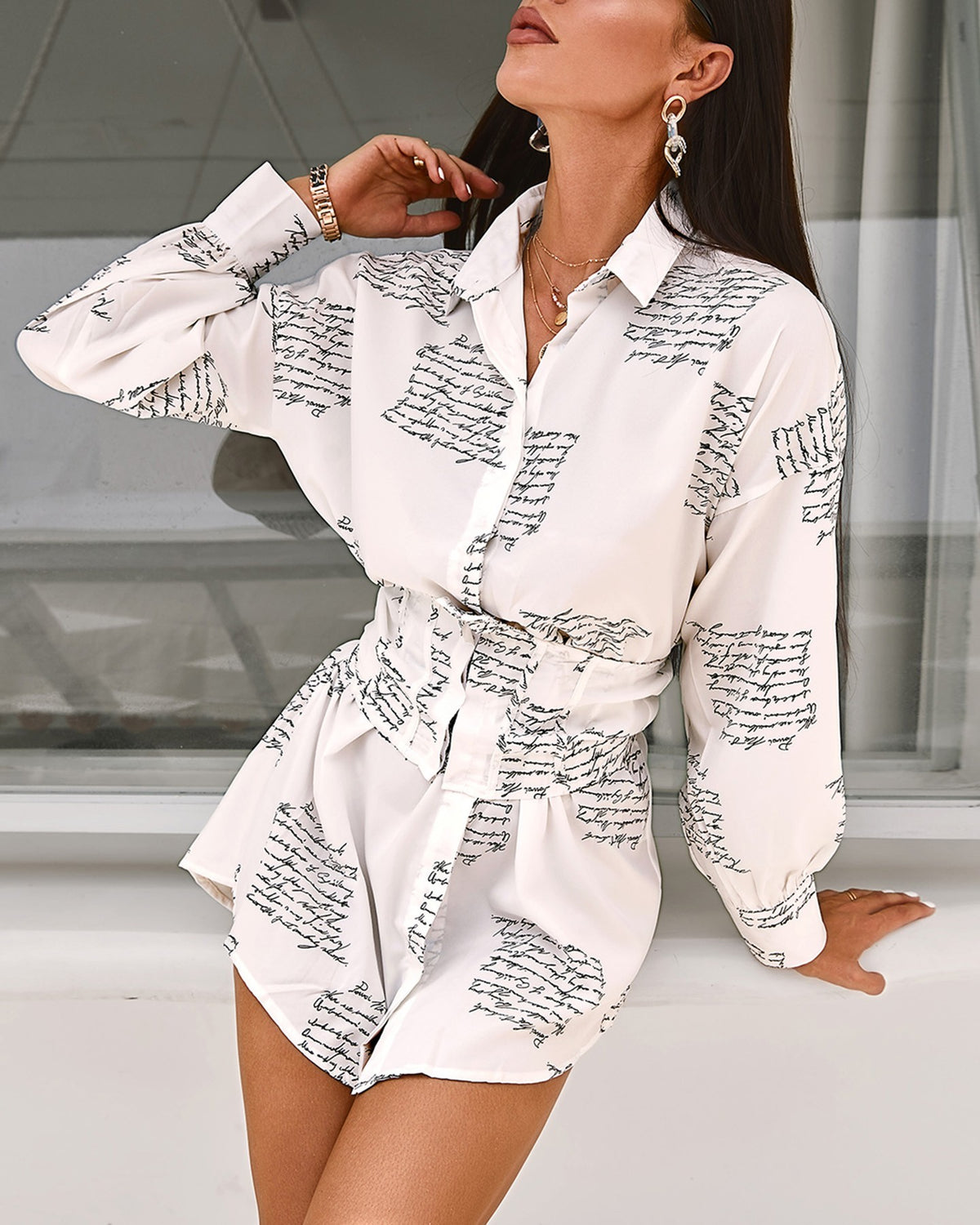 Turn-down Collar Letter Print Buttoned Shirt Dress