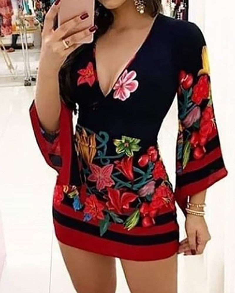 Plunge Bell Sleeve Floral Print Dress