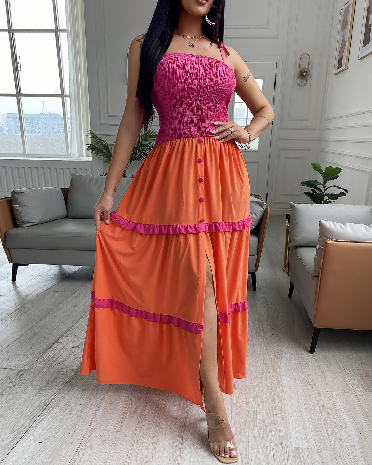 Shirred Frill Hem Buttoned Slit Color Maxi Dress