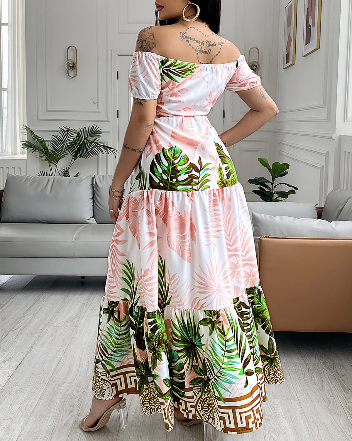 Tropical Print Hollow-out Design Off Shoulder V Neck Maxi Dress
