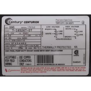 Motor, Century, 0.5hp, 115v/230v, 1-Spd, 56Yfr, SQFL, EE