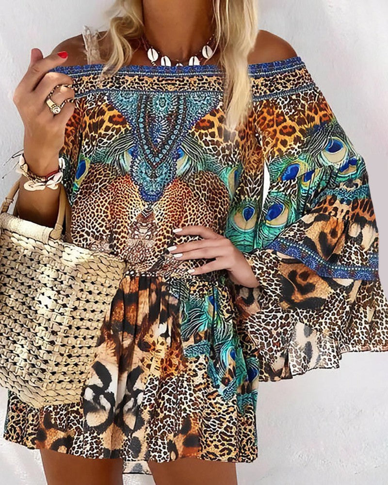Off Shoulder Animal / Leopard Print Long Sleeve Dress Casual Loose Summer Vacation Dress
