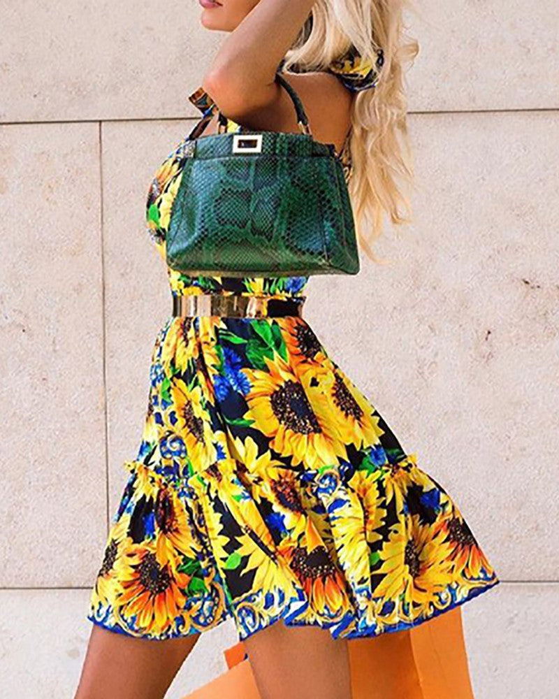 Tied Detail Sunflower Print Dress Without Belt