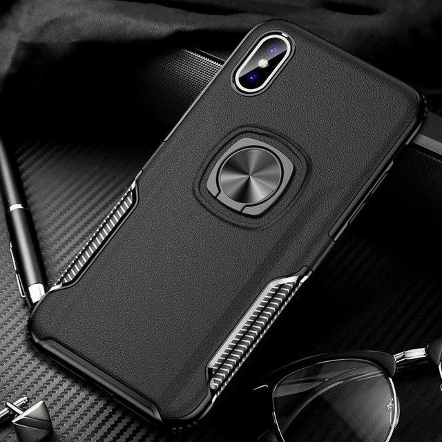 Phone Case - Luxury Litchi Leather Metal Ring Holder Phone Case For iPhone XS/XR/XS Max 8/7 Plus