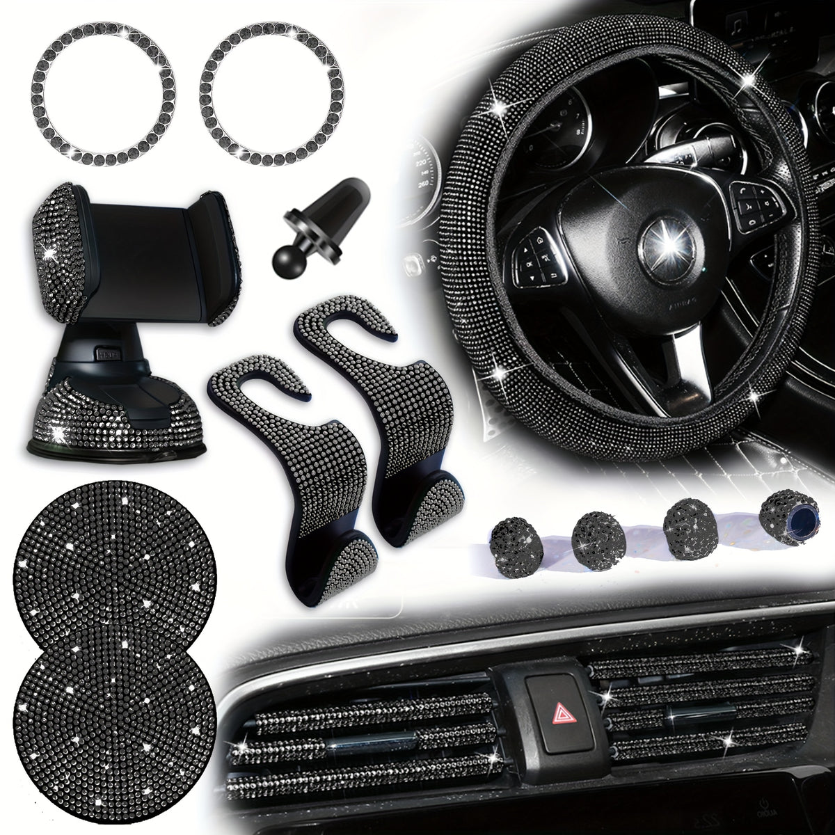18pcs/set Light Luxury Hot Artificial Diamond Car Interior Set Crystal Steering Wheel Cover Mobile Phone Holder Women Car Interior Accessories