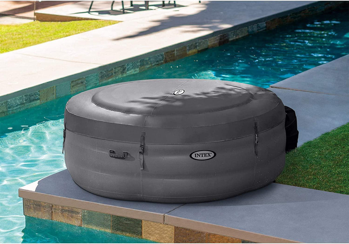 28481E Simple Spa 77in x 26in 4-Person Outdoor Portable Inflatable Round Heated Hot Tub Spa with 100 Bubble Jets, Filter Pump, and Cover, Gray