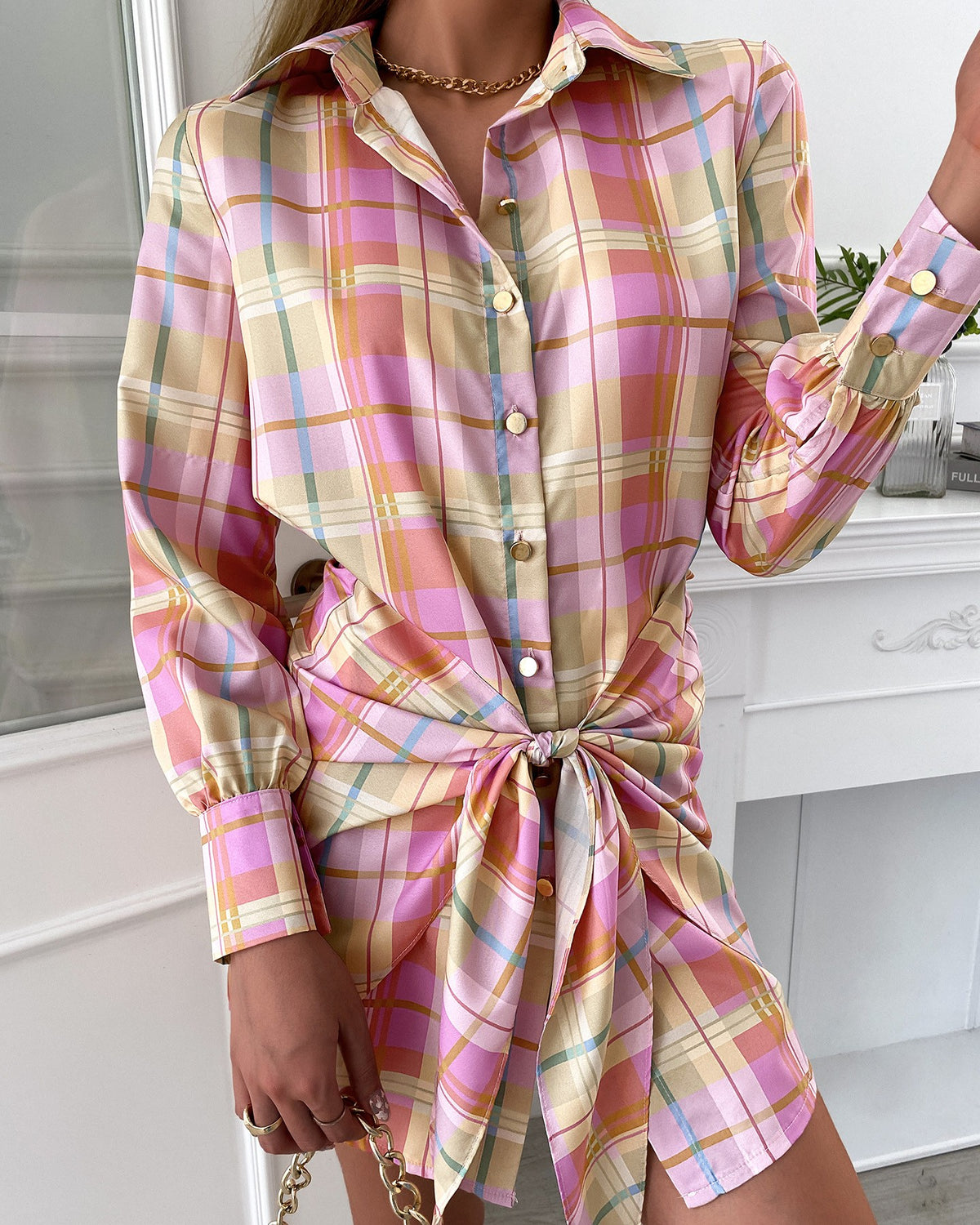 Plaid Print Tied Detail Buttoned Shirt Dress