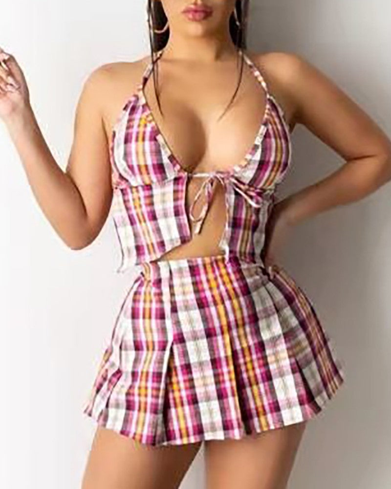 Plaid Color Backless Crop Top & Skirt Set