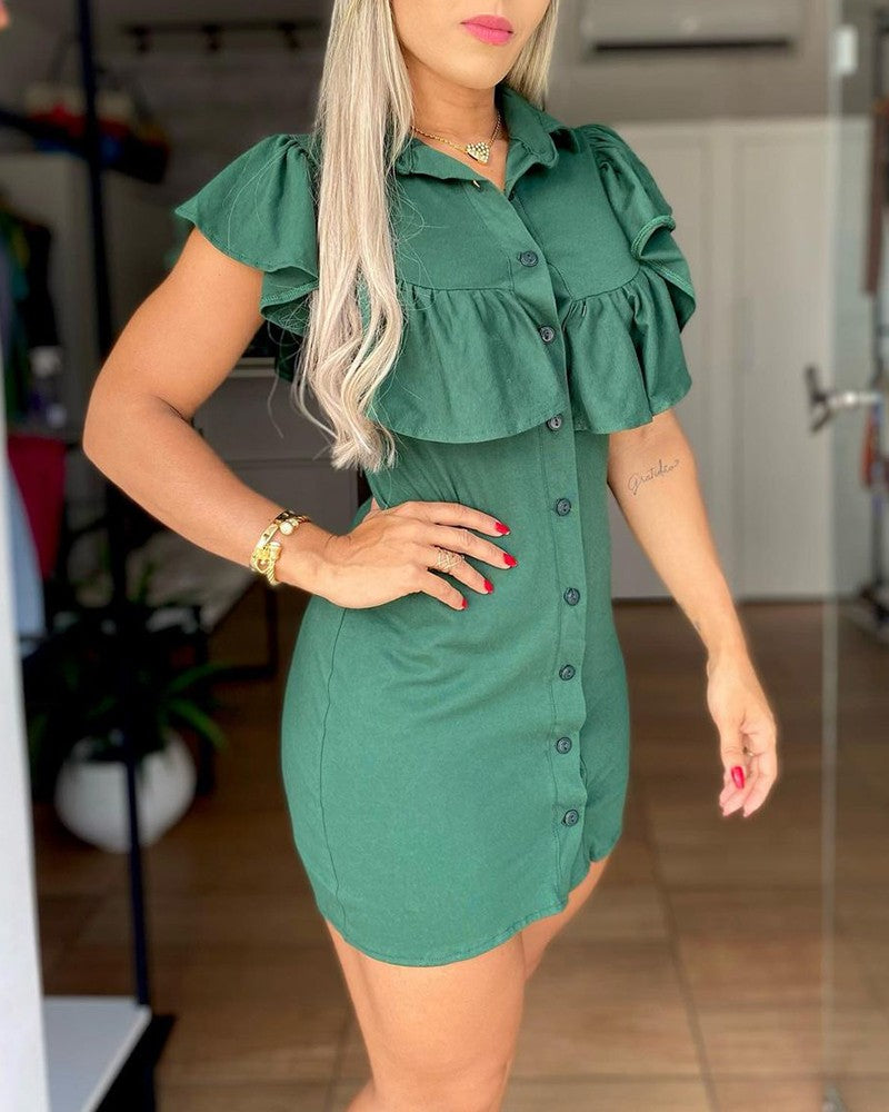 Ruffle Hem Patchwork Button Front Dress