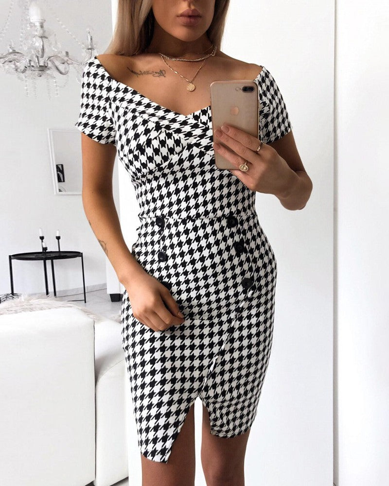 Houndstooth Buttoned Design Bodycon Dress
