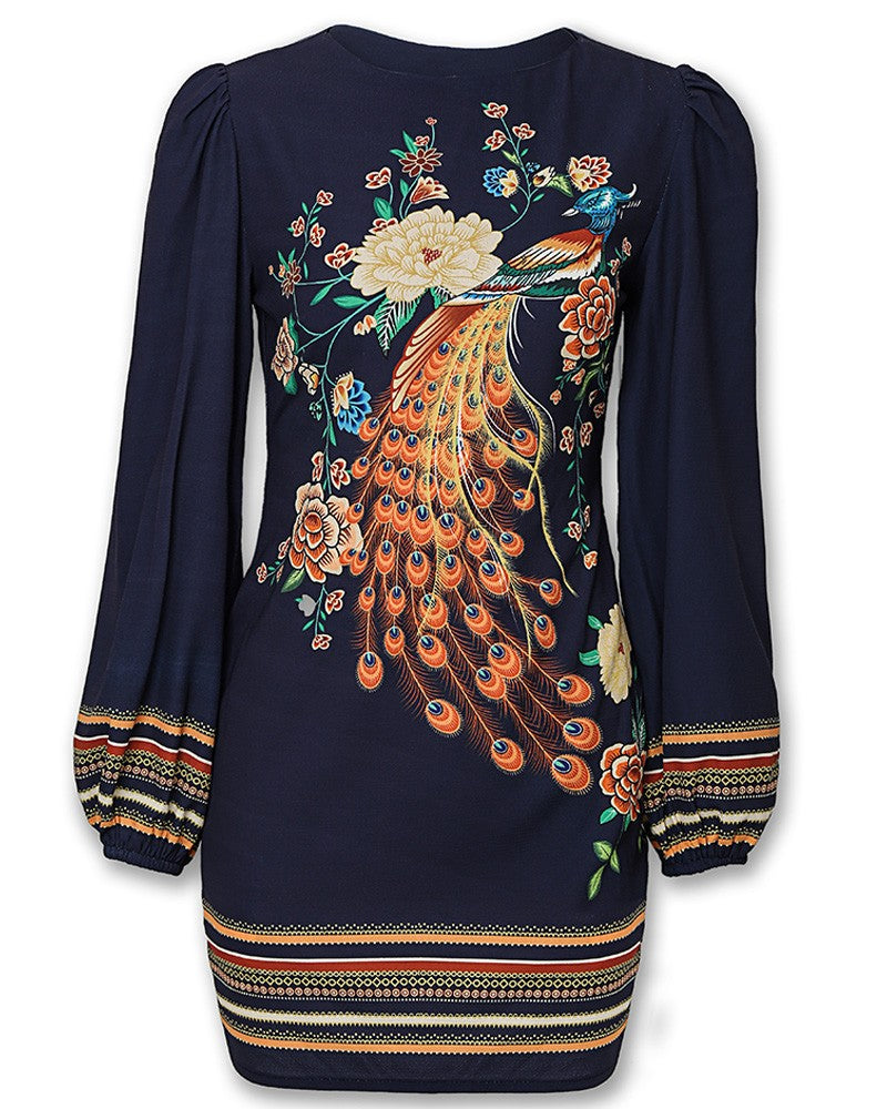 Peacock Print Cutout Back Bishop Sleeve Dress