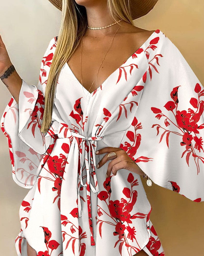 Floral Print V-Neck Asymmetrical Tie Front Mini Dress Casual Summer Dress