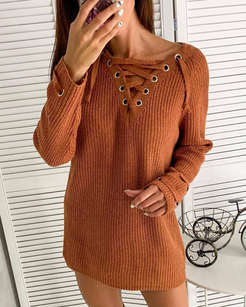 Knit Eyelet Lace Up Long Sleeve Dress