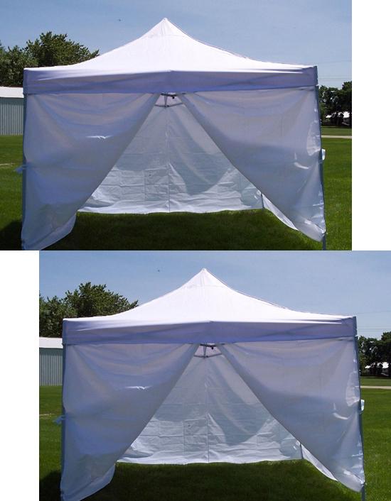 Two (2) white 10 x 10ft 4 leg 1 piece fabric top yard shade canopies with sides