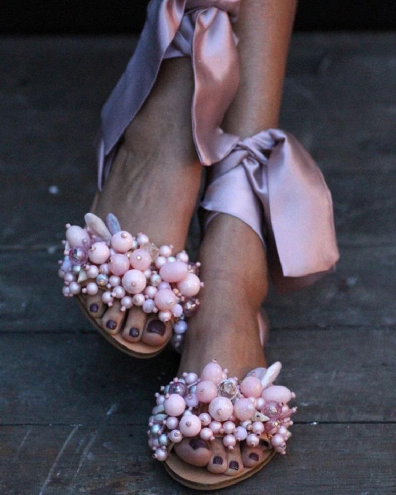 Fashion Women Ankle Strap Beaded Flat Sandals