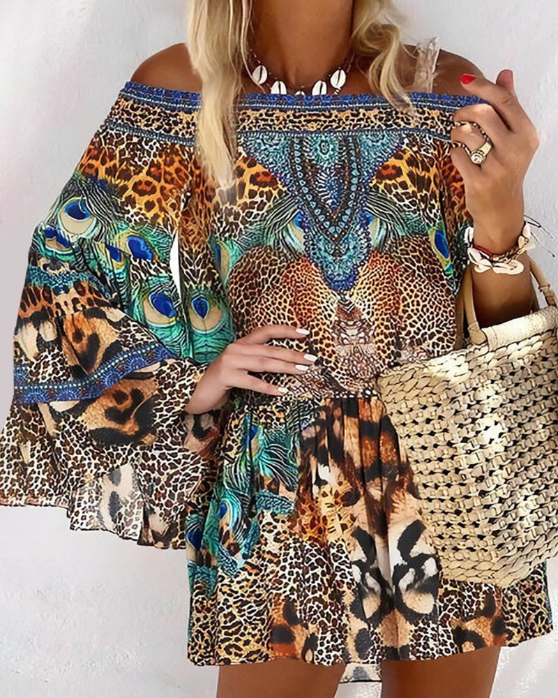 Off Shoulder Animal / Leopard Print Long Sleeve Dress Casual Loose Summer Vacation Dress