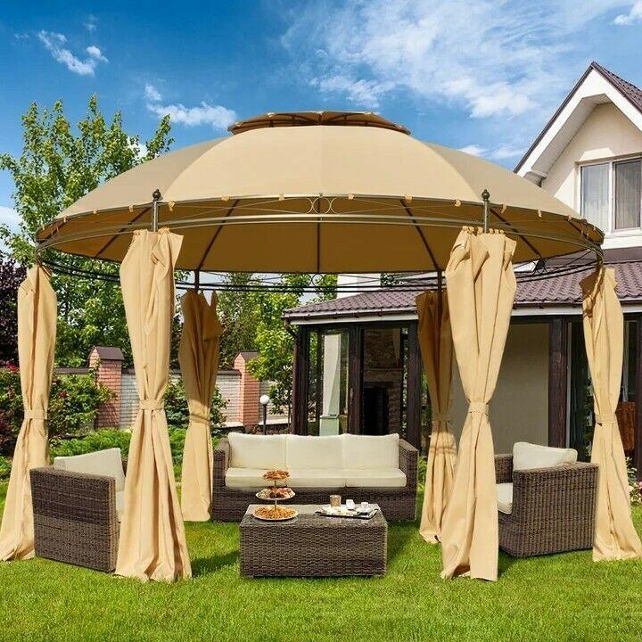 Garden Gazebo 11.5' Waterproof Canopy Durable Steel Frame Curtains Round Pergola