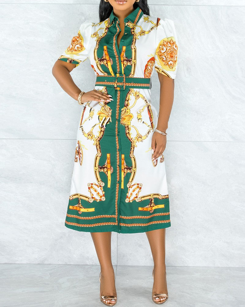 Scarf Print Button Front Shirt Dress With Belt