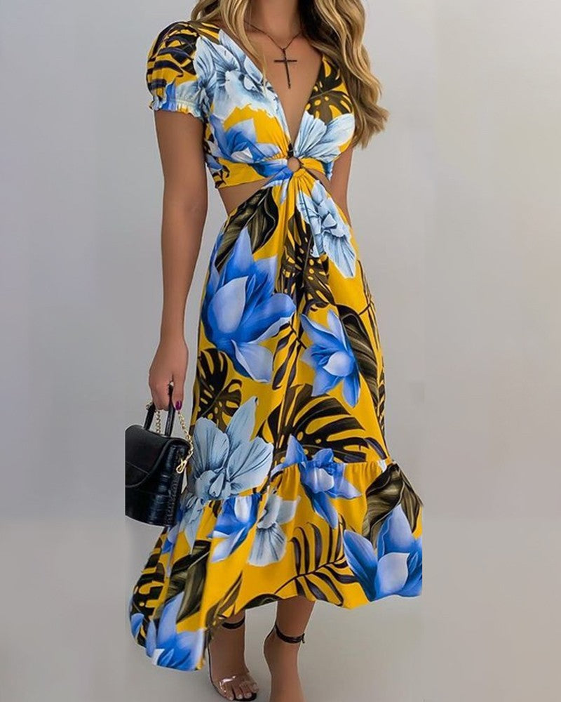 Floral Print Short Sleeve Loose Midi Dress