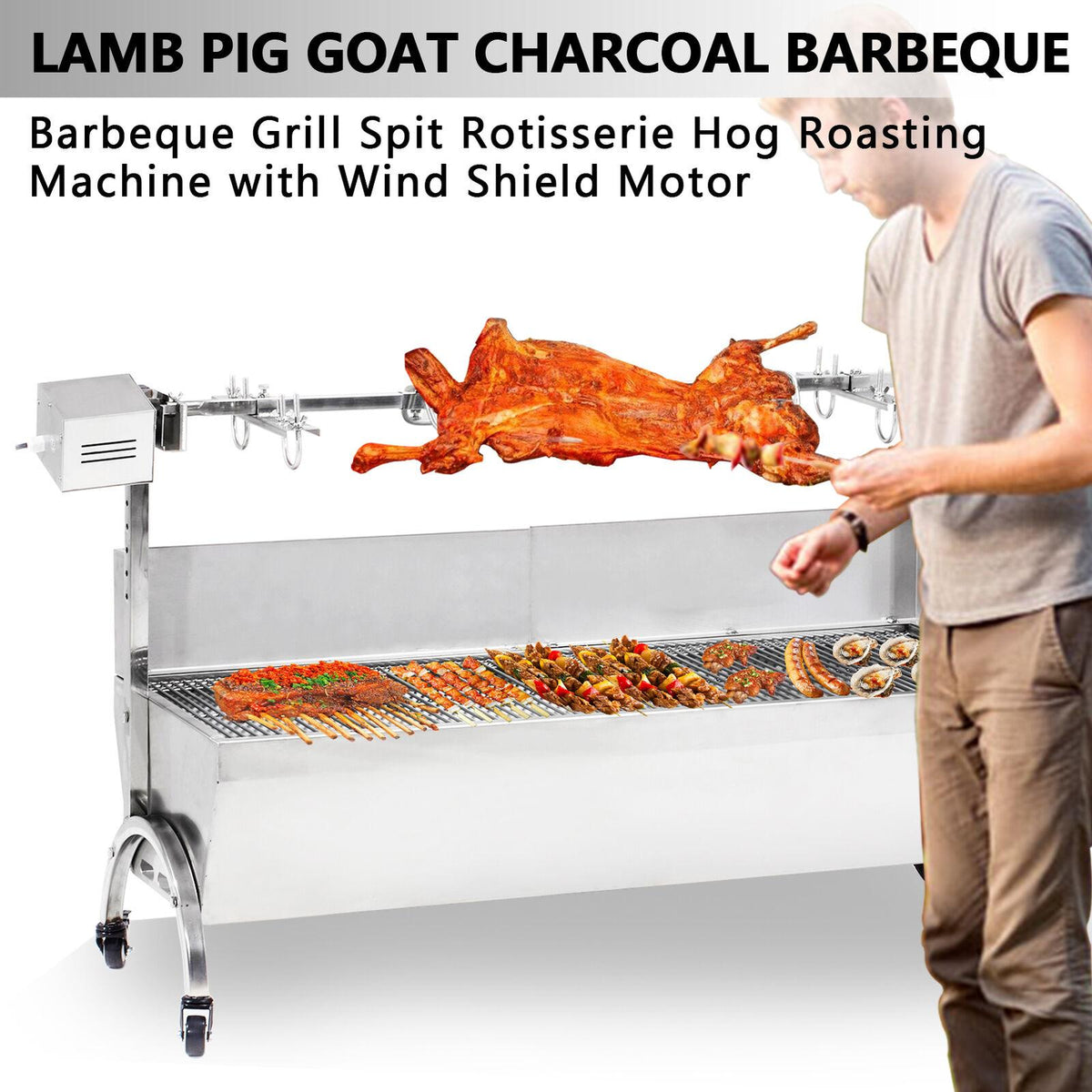 110V 132LBS Big Roast Machine BBQ Spit Roaster Rotisserie Grill Roasting Motor