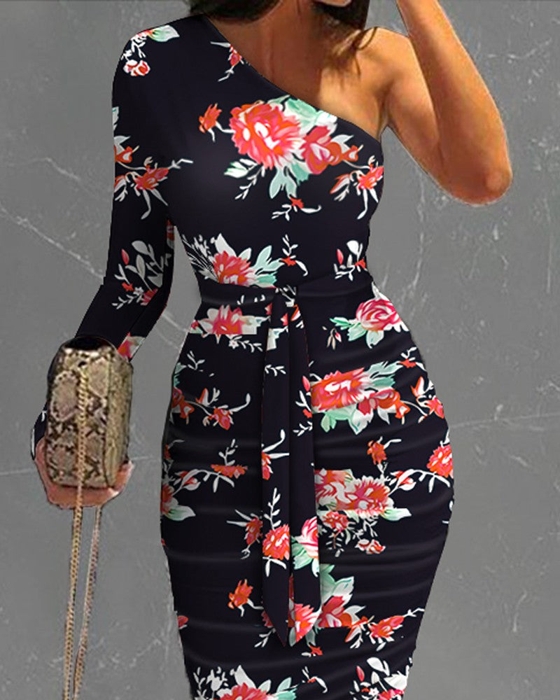 Floral Print One Shoulder Ruched Bodycon Dress Slim Midi Dress Party Dress