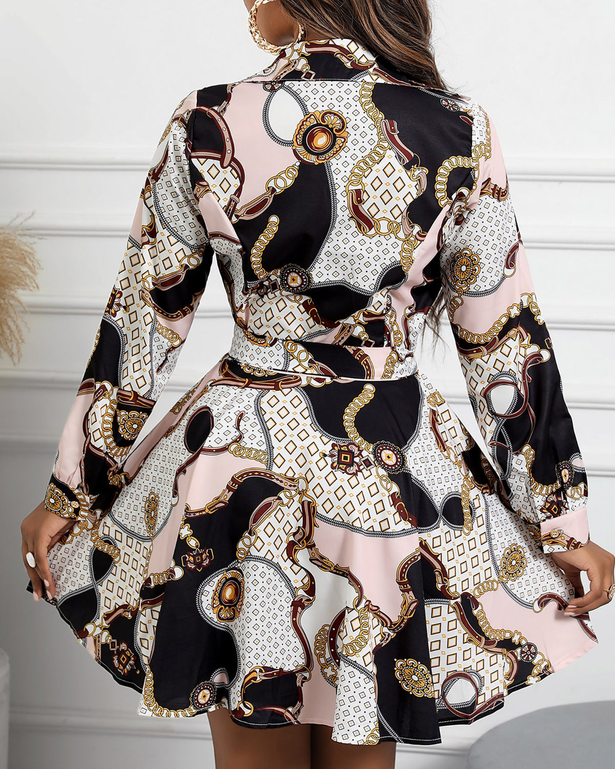 Scarf Chain Print Buttoned Long Sleeve Shirt Dress
