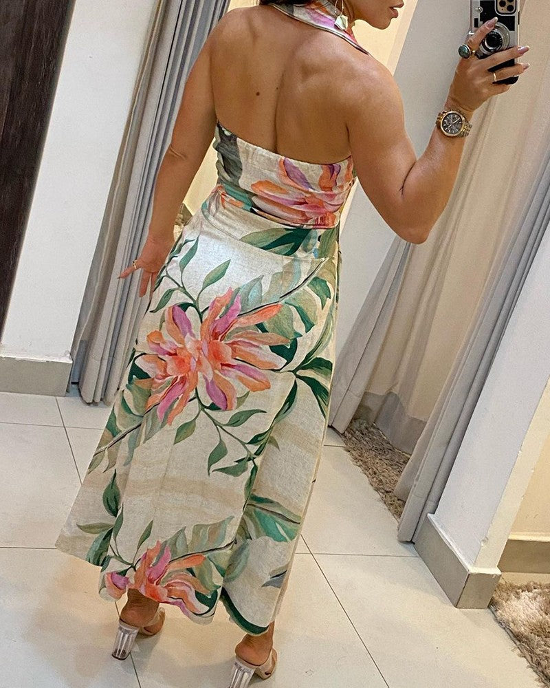 Floral Print Button Design Halter Backless Maxi Women Dress