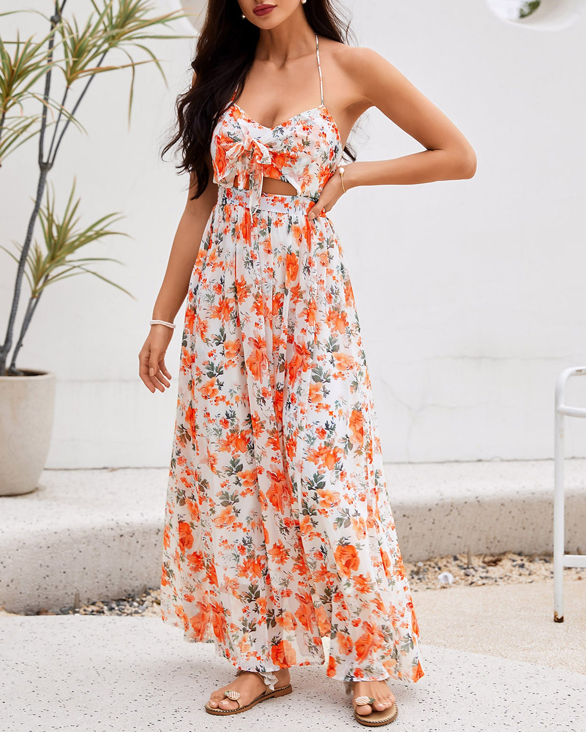 Floral Print Halter Lace Up Cutout Maxi Dress