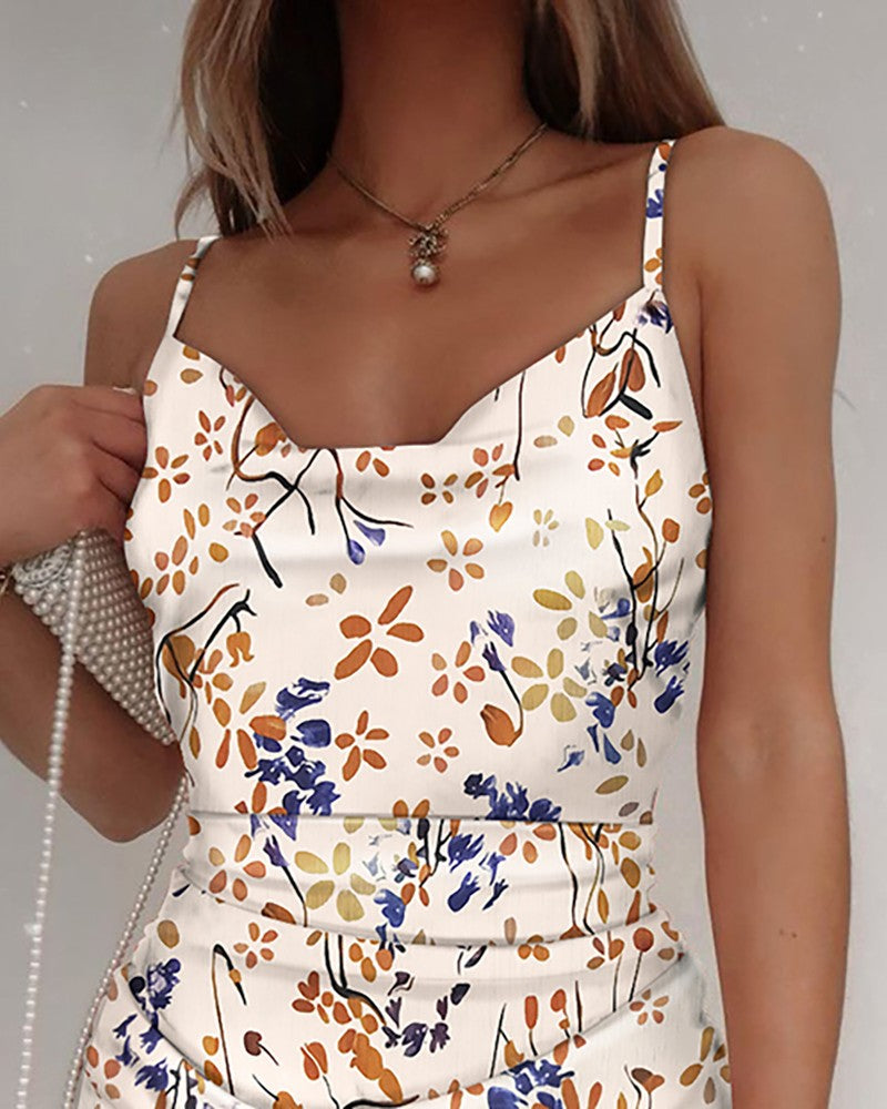 Floral Print Drawstring Ruched Dress