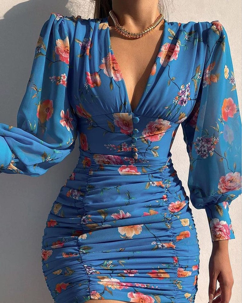 Puff Lantern Sleeve Floral Print Ruched Bodycon Dress