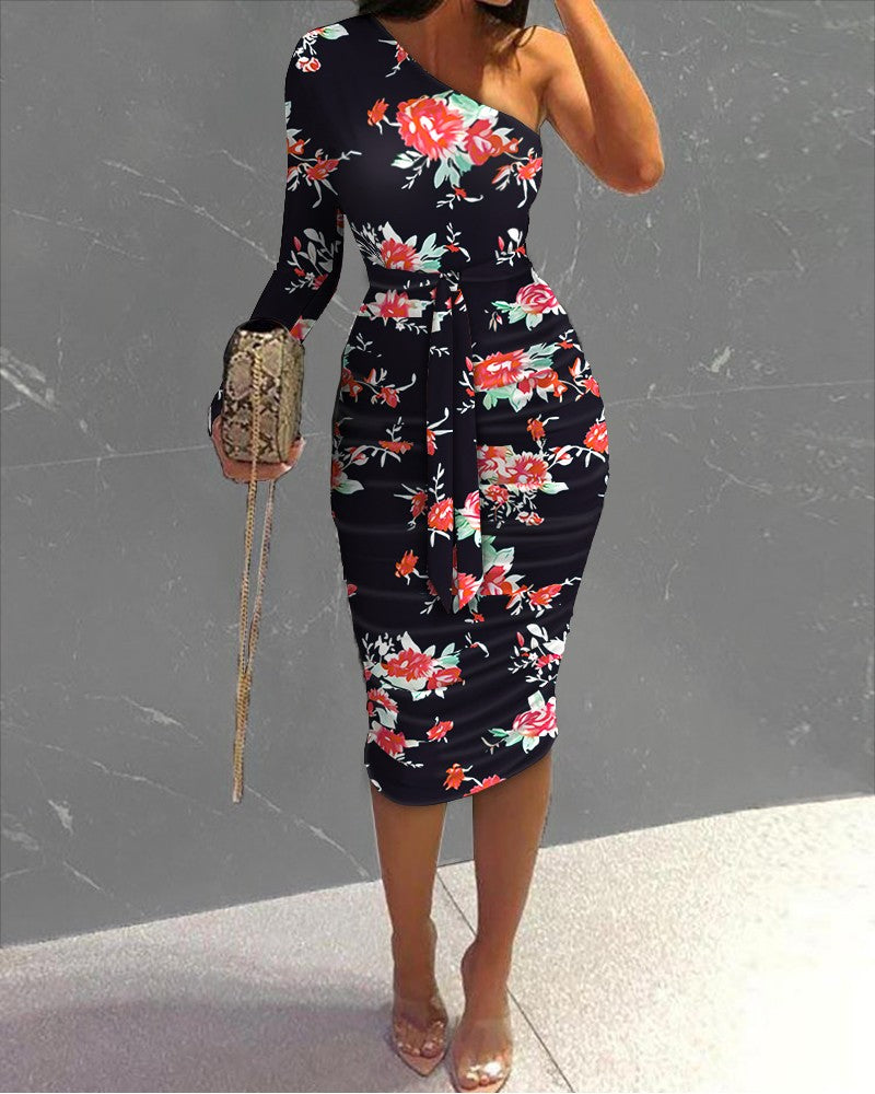 Floral Print One Shoulder Ruched Bodycon Dress Slim Midi Dress Party Dress