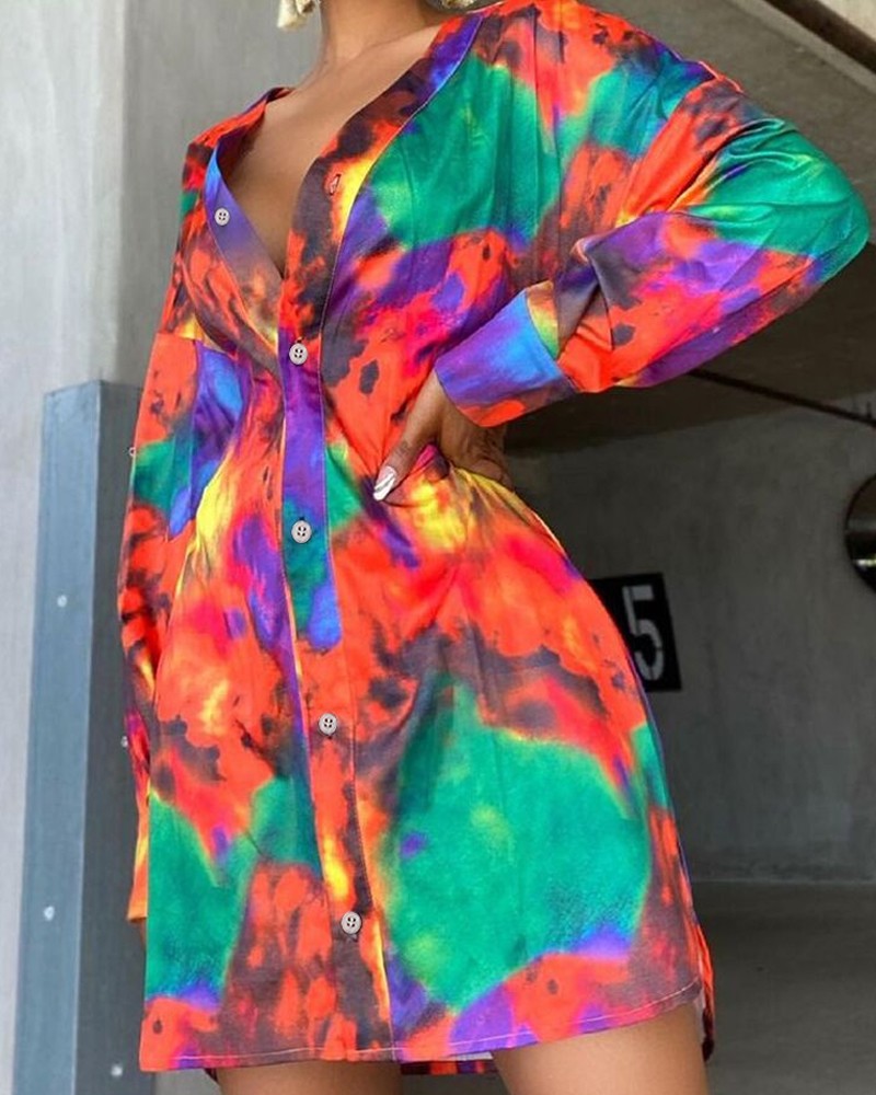 Tie Dye Long Sleeve Button Front Shirt Dress