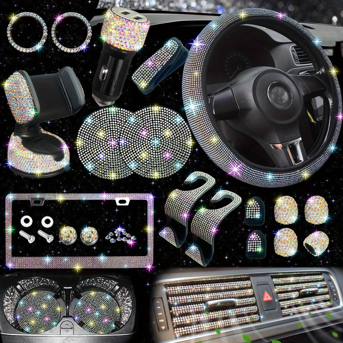 27pcs Bling Car Accessories Set For Women, Bling Steering Wheel Covers Universal Fit 15 Inch, Bling License Plate Frame,  Phone Holder, Car Coasters