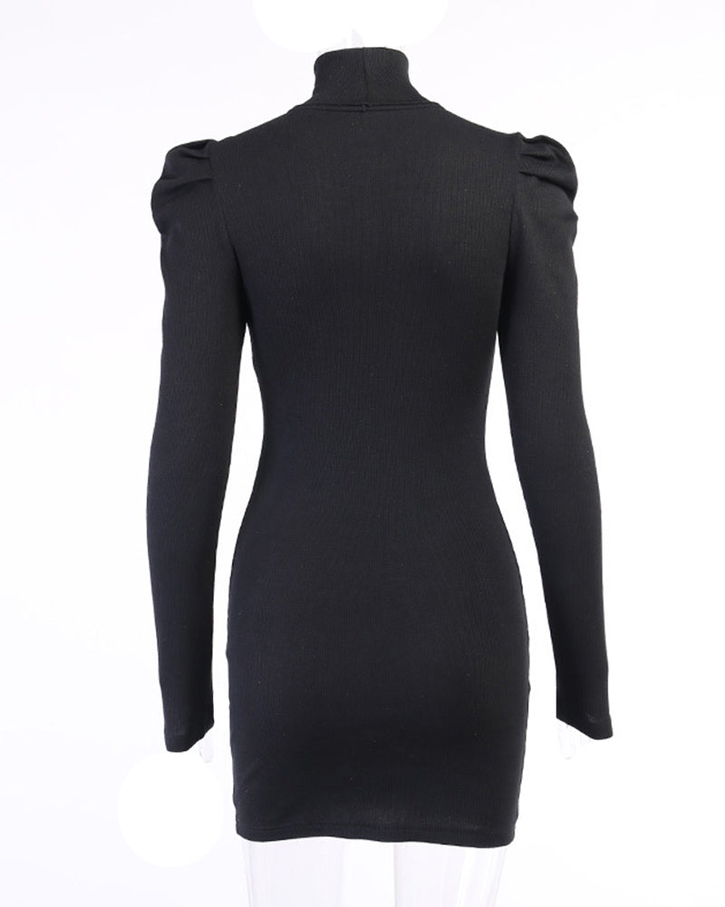 Plain Puff Sleeve Bodycon Women Dress