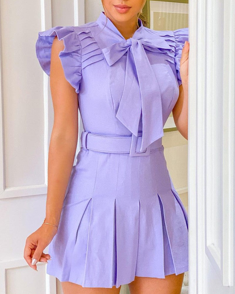 Ruffles Tie Neck Ruched Casual Women Dress