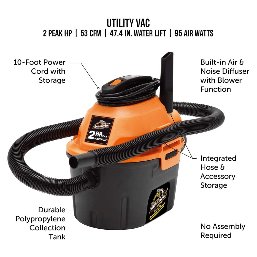 Armor All, AA255, 2.5 Gallon 2 Peak HP Wet/Dry Utility Shop Vacuum, Orange