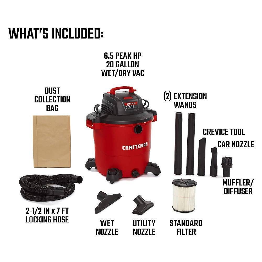 Craftsman 20 Gallon 6.5 Peak HP Wet/Dry Vac, Heavy-Duty Shop Vacuum With Attachments