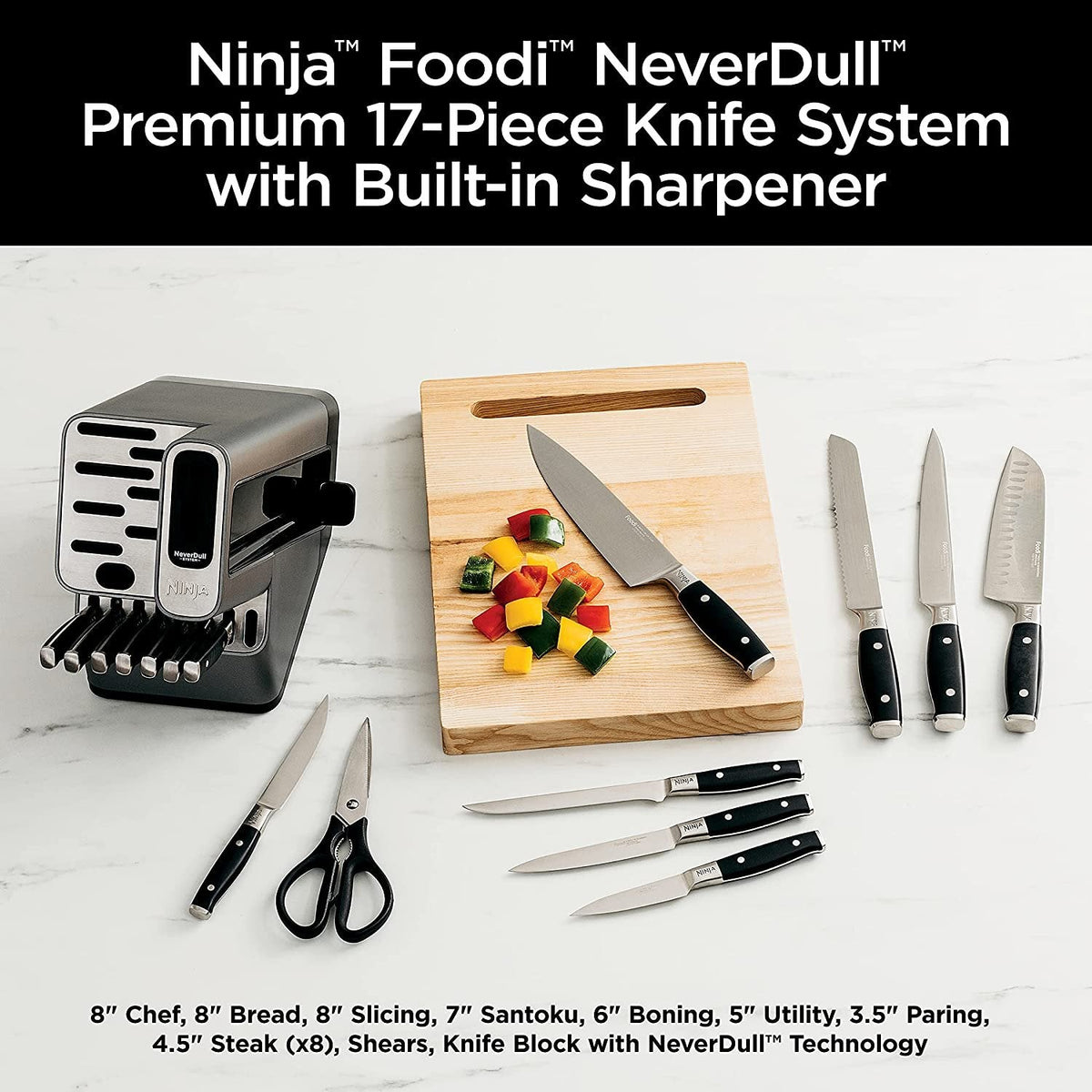 Ninja K32021 Foodi NeverDull 17 Piece Premium Knife System Block Set with Built-in Sharpener, Stainless Steel/Black