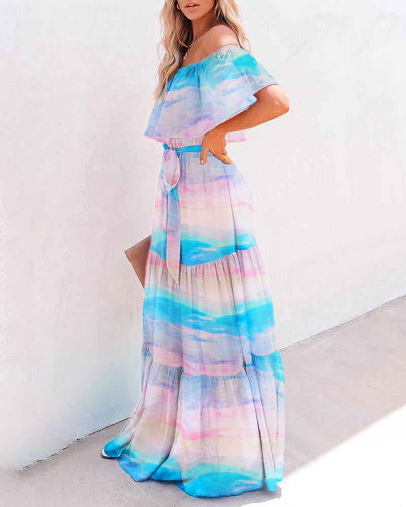 Colorful Off Shoulder Gradient Color Ruffles Maxi Dress