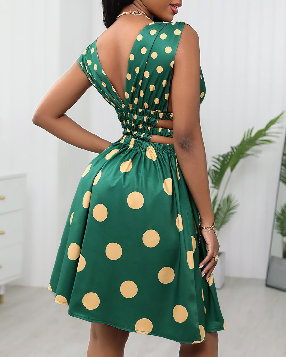 Cutout Waist Plunge Polkadot Print Dress