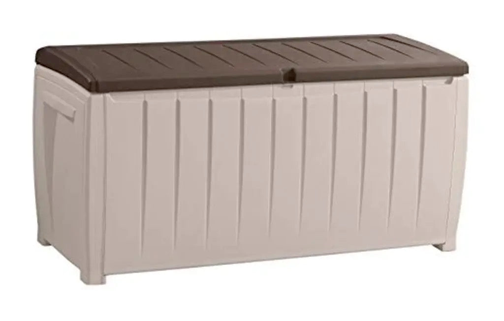 Keter Novel Plastic Deck Storage Container Box Outdoor Patio Furniture 90 Gal, Brown