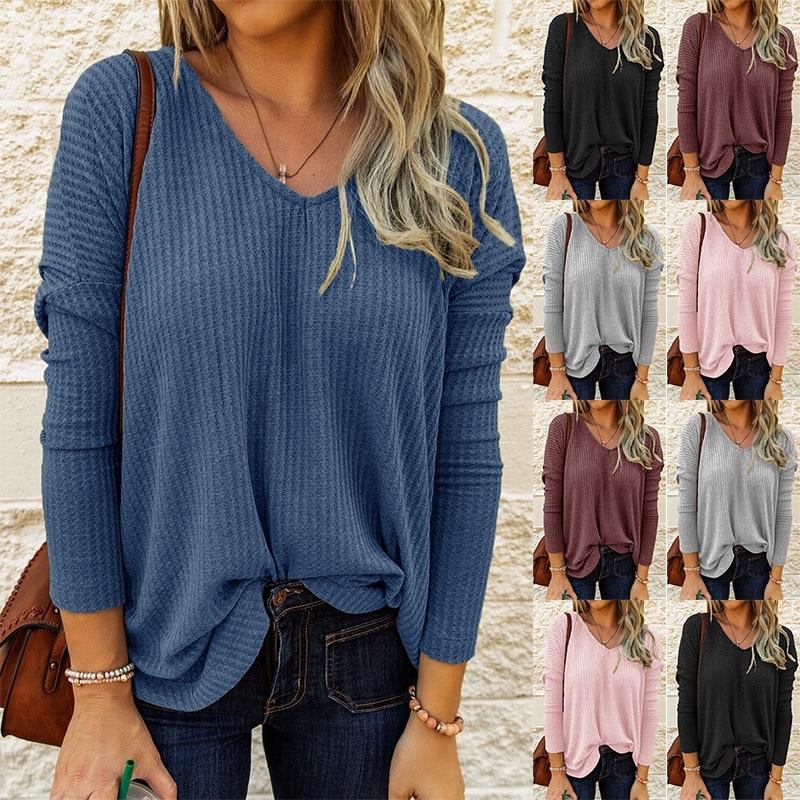 Women ng Autumn Casual Loose T-Shirts V-neck Long Sleeve Ladies Solid Color Pullovers