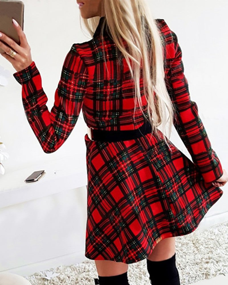 Eyelash Lace Plaid Long Sleeve Women Dress