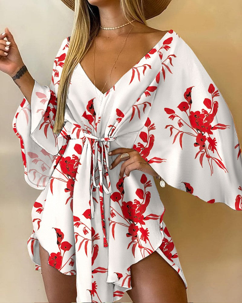 Floral Print V-Neck Asymmetrical Tie Front Mini Dress Casual Summer Dress