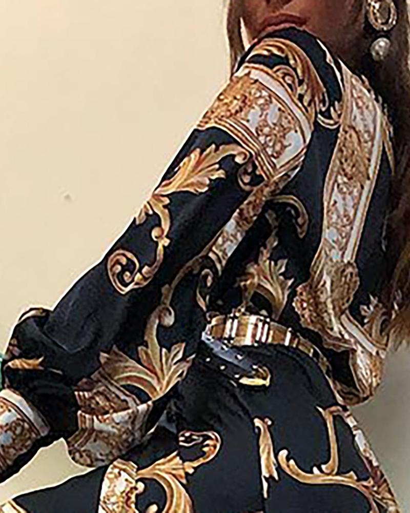Baroque Print Lantern Sleeve Maxi Dress